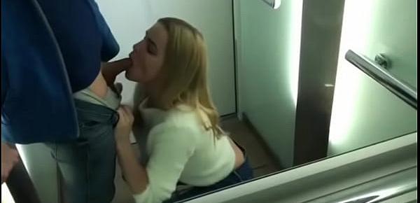  Blowjob in the lift and stairs cumshot swallow public